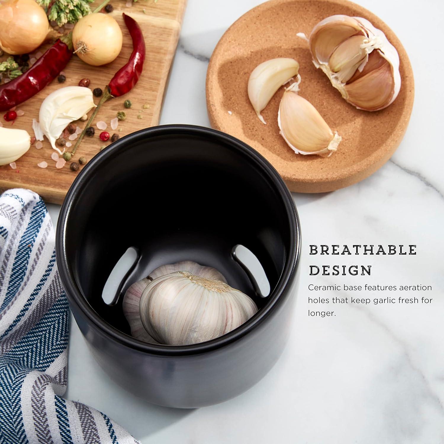 image:imageCeramic and Cork Breathable Garlic Keeper to Allow Air Flor for Freshness Stackable Space Saving Cork Lid Natural Cork and Red CeramicBlack