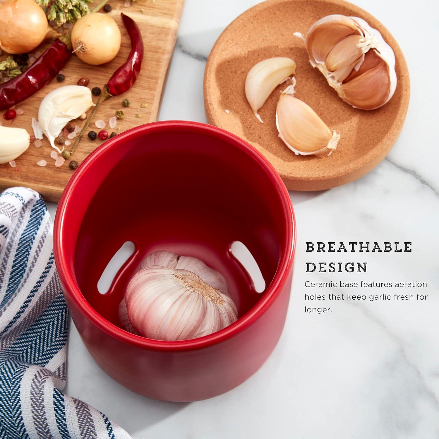 image:imageCeramic and Cork Breathable Garlic Keeper to Allow Air Flor for Freshness Stackable Space Saving Cork Lid Natural Cork and Red CeramicRed