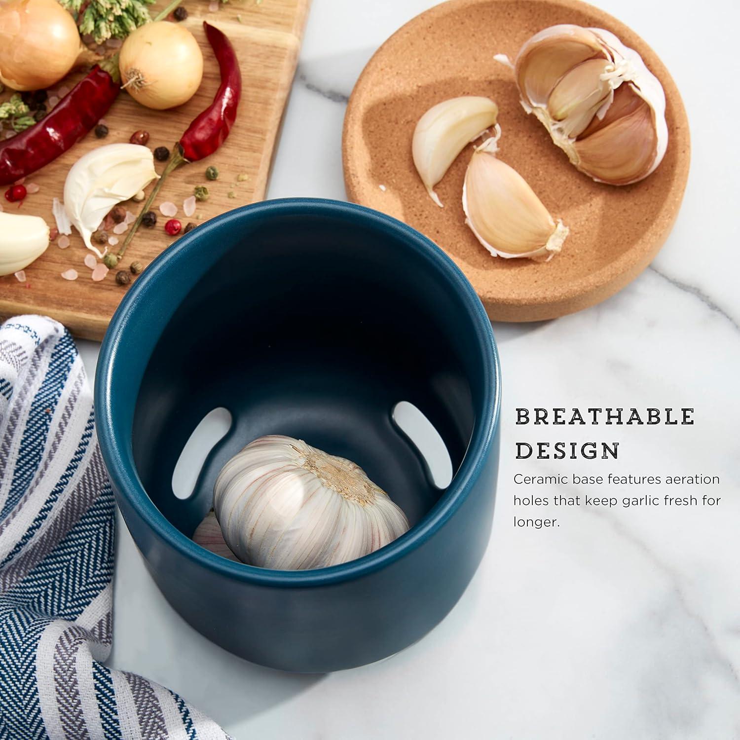 image:imageCeramic and Cork Breathable Garlic Keeper to Allow Air Flor for Freshness Stackable Space Saving Cork Lid Natural Cork and Red CeramicTeal