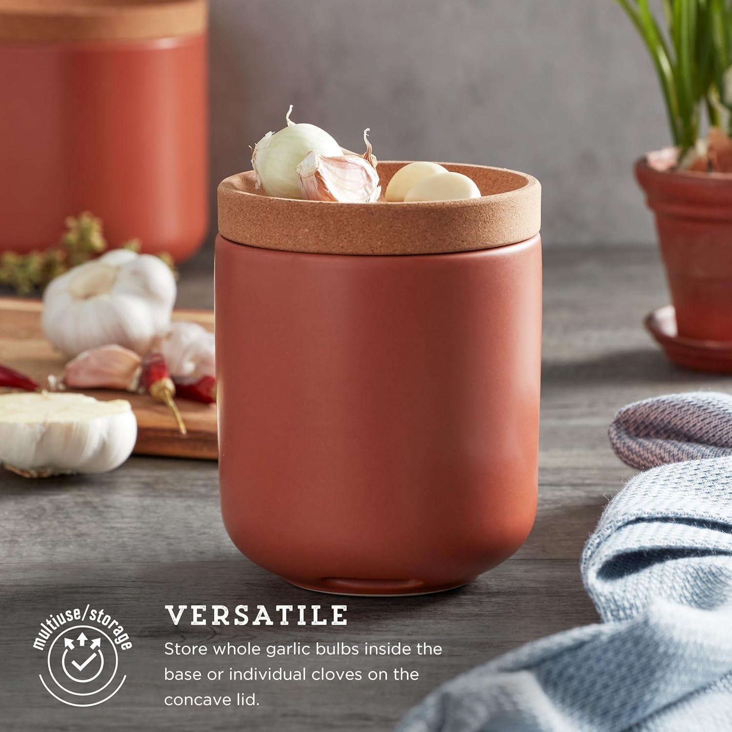image:imageCeramic and Cork Breathable Garlic Keeper to Allow Air Flor for Freshness Stackable Space Saving Cork Lid Natural Cork and Red CeramicTerra Cotta