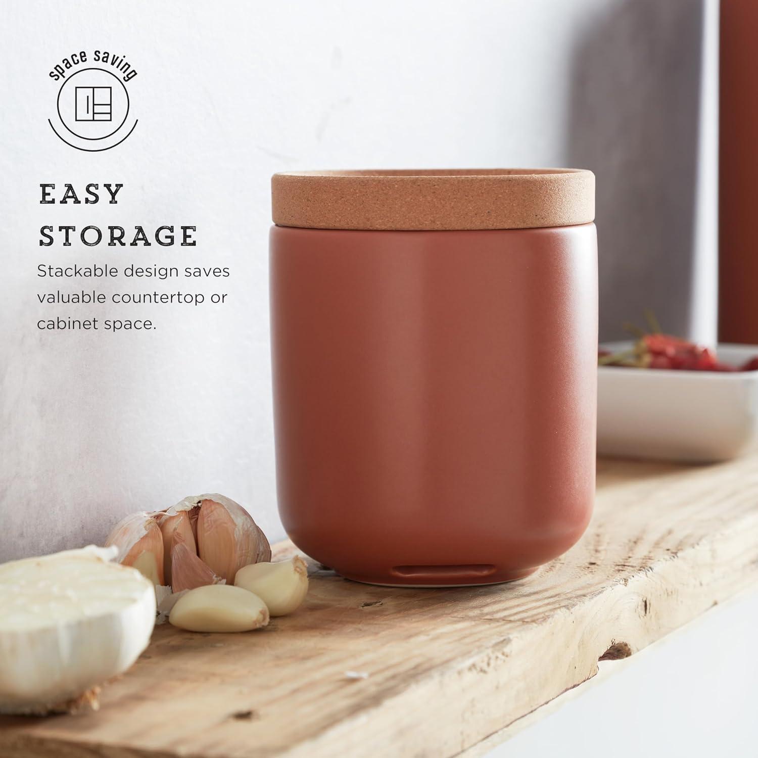 image:imageCeramic and Cork Breathable Garlic Keeper to Allow Air Flor for Freshness Stackable Space Saving Cork Lid Natural Cork and Red CeramicTerra Cotta