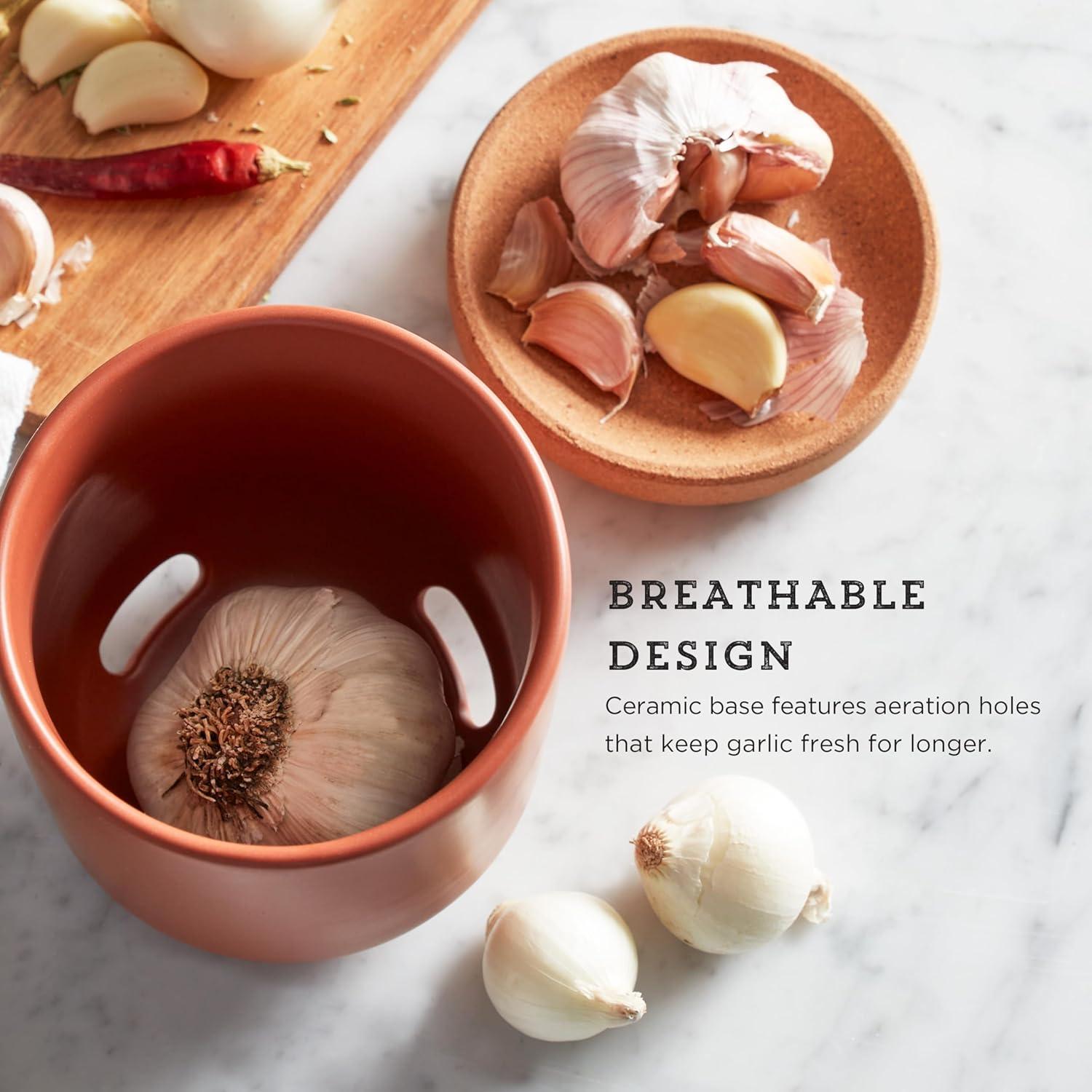 image:imageCeramic and Cork Breathable Garlic Keeper to Allow Air Flor for Freshness Stackable Space Saving Cork Lid Natural Cork and Red CeramicTerra Cotta