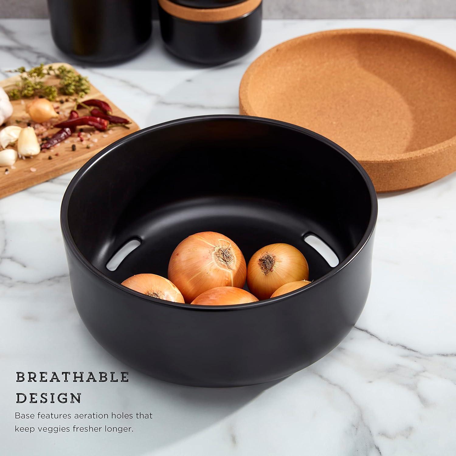 image:imageCeramic and Cork Large Breathable Produce Bowl with Lid to Naturally Extend Produce Freshness Natural Cork and Teal CeramicBlack