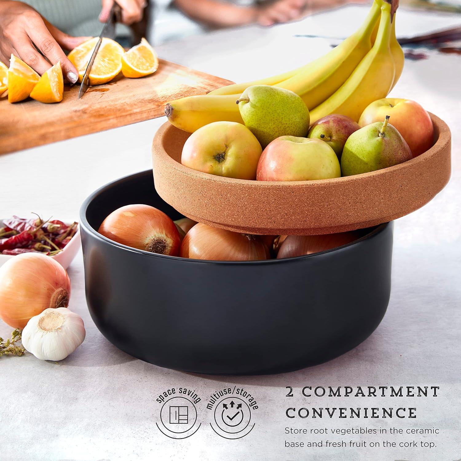 image:imageCeramic and Cork Large Breathable Produce Bowl with Lid to Naturally Extend Produce Freshness Natural Cork and Teal CeramicBlack