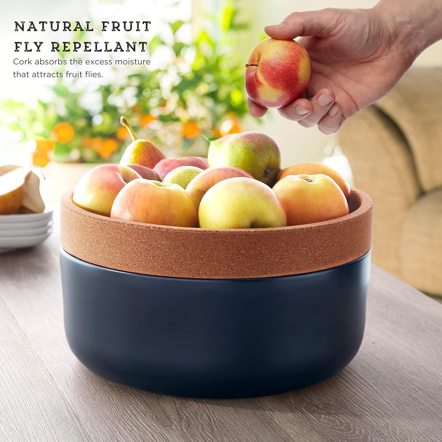 image:imageCeramic and Cork Large Breathable Produce Bowl with Lid to Naturally Extend Produce Freshness Natural Cork and Teal CeramicBlack