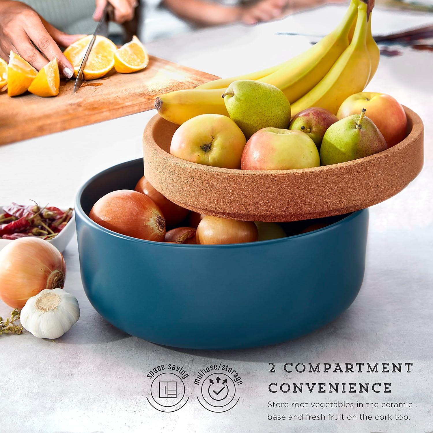 image:imageCeramic and Cork Large Breathable Produce Bowl with Lid to Naturally Extend Produce Freshness Natural Cork and Teal CeramicTeal