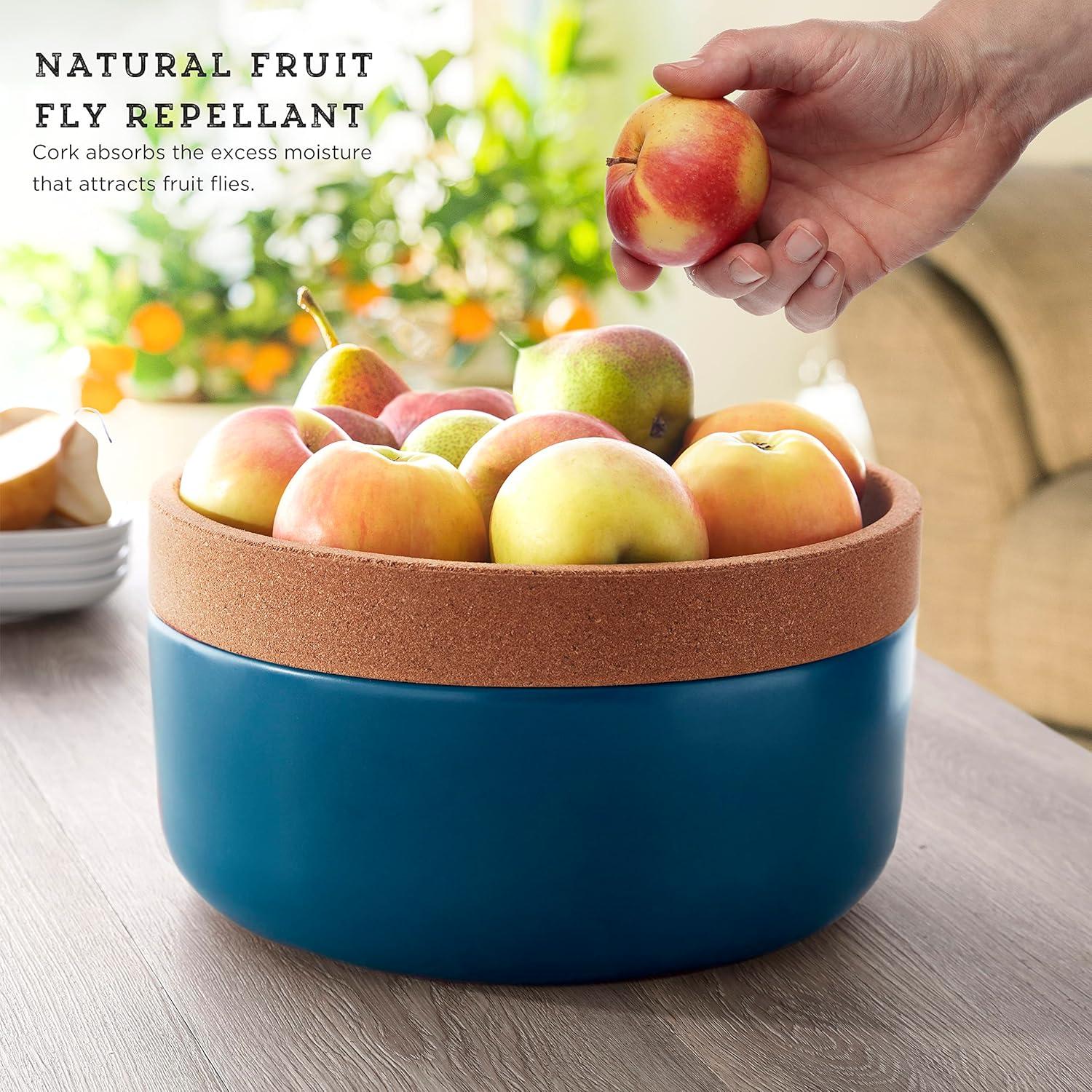 image:imageCeramic and Cork Large Breathable Produce Bowl with Lid to Naturally Extend Produce Freshness Natural Cork and Teal CeramicTeal