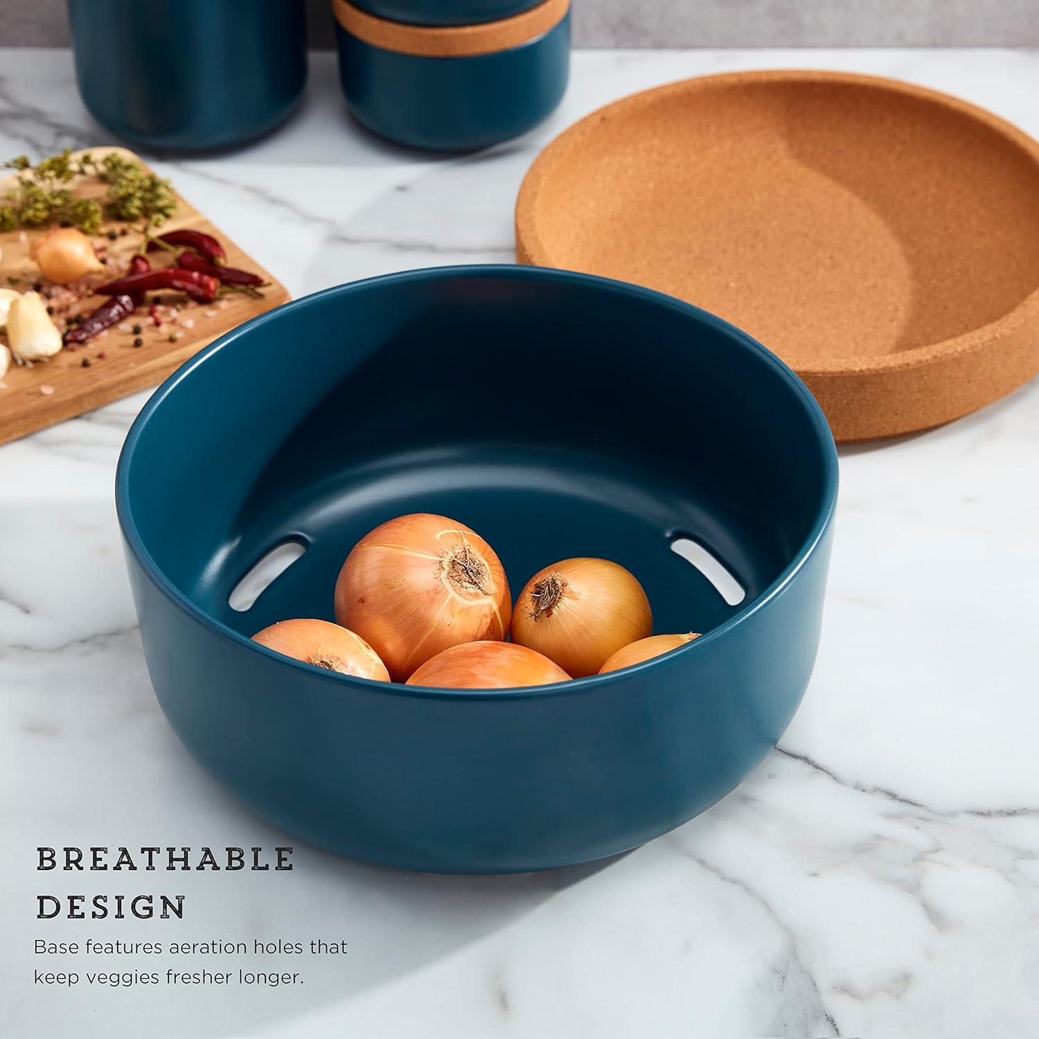 image:imageCeramic and Cork Large Breathable Produce Bowl with Lid to Naturally Extend Produce Freshness Natural Cork and Teal CeramicTeal