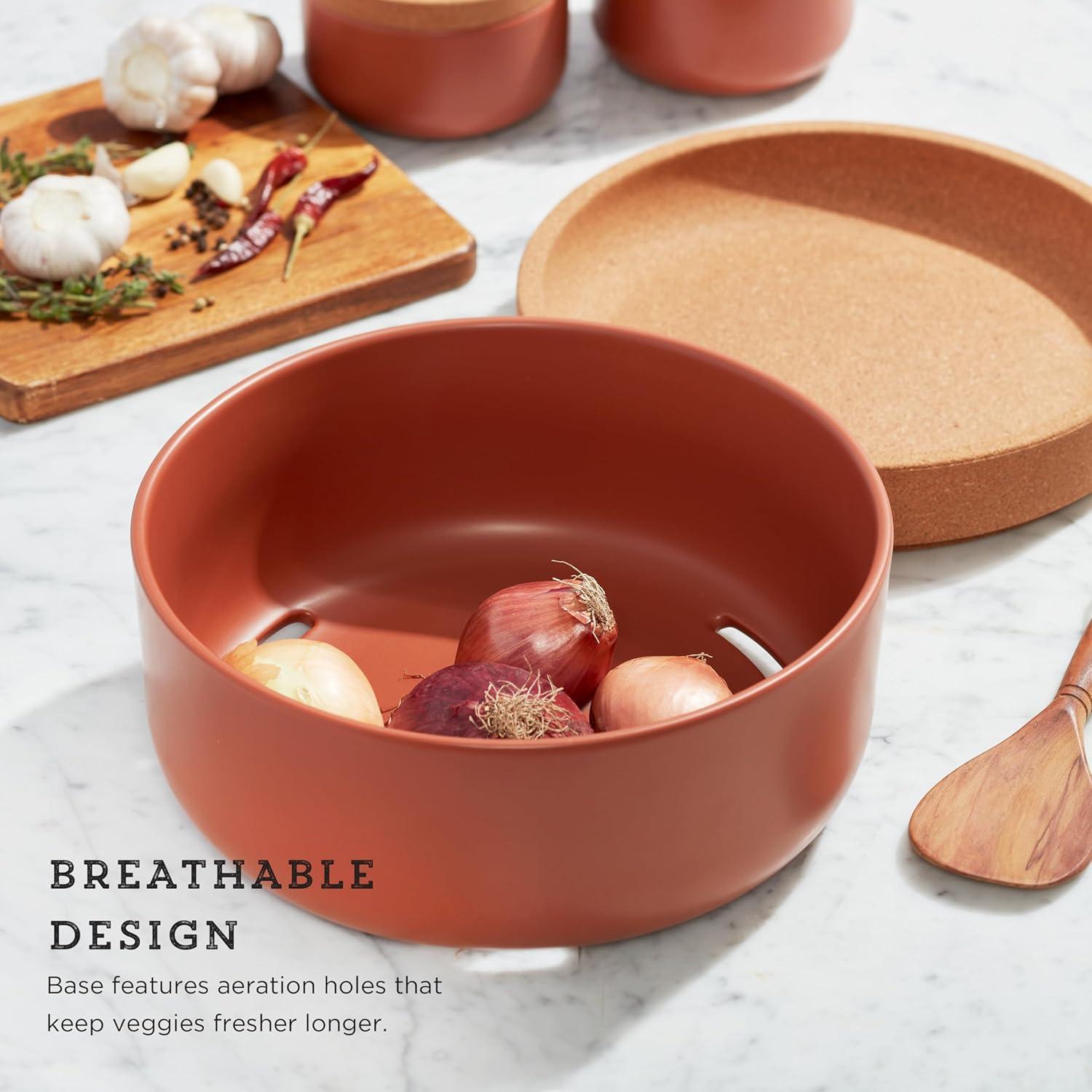 image:imageCeramic and Cork Large Breathable Produce Bowl with Lid to Naturally Extend Produce Freshness Natural Cork and Teal CeramicTerra Cotta