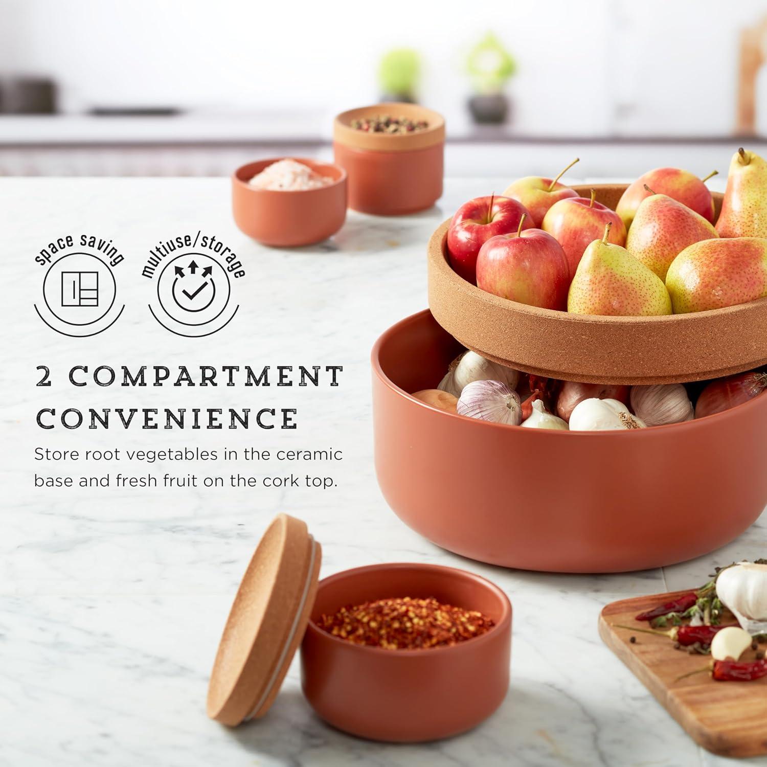 image:imageCeramic and Cork Large Breathable Produce Bowl with Lid to Naturally Extend Produce Freshness Natural Cork and Teal CeramicTerra Cotta