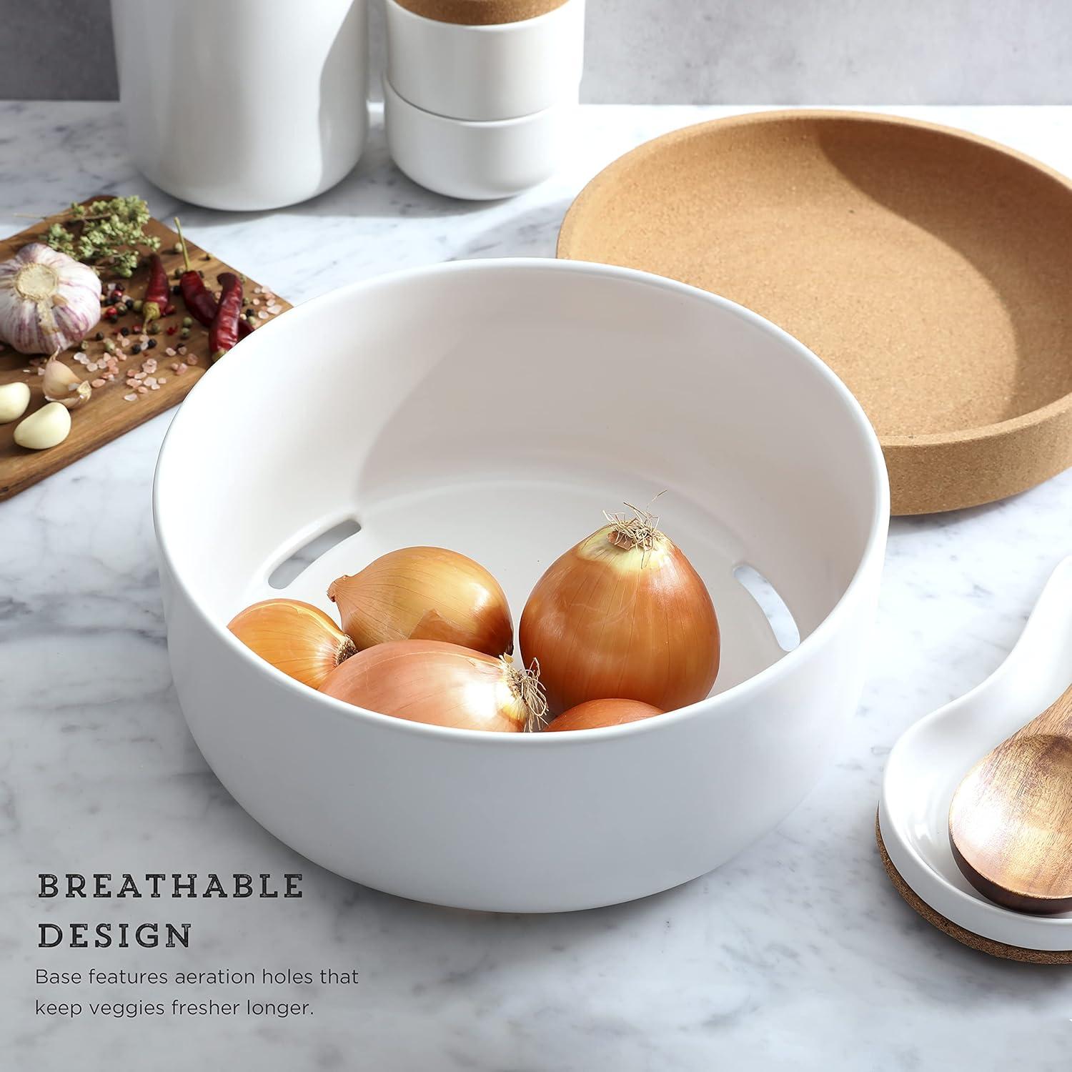 image:imageCeramic and Cork Large Breathable Produce Bowl with Lid to Naturally Extend Produce Freshness Natural Cork and Teal CeramicWhite