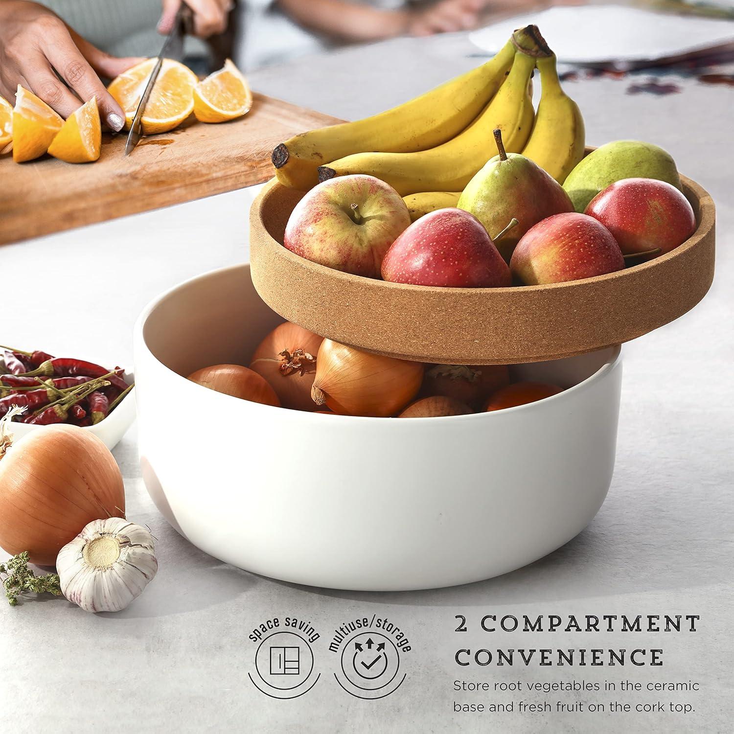 image:imageCeramic and Cork Large Breathable Produce Bowl with Lid to Naturally Extend Produce Freshness Natural Cork and Teal CeramicWhite