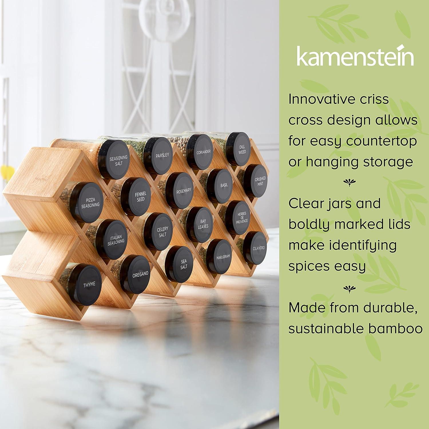 image:imageKamenstein 18 Jar CrissCross 2in1 Spice Organizer for Countertop or Wall with Spices Included FREE Spice Refills for 5 Years Bamboo with Black Caps18Jar