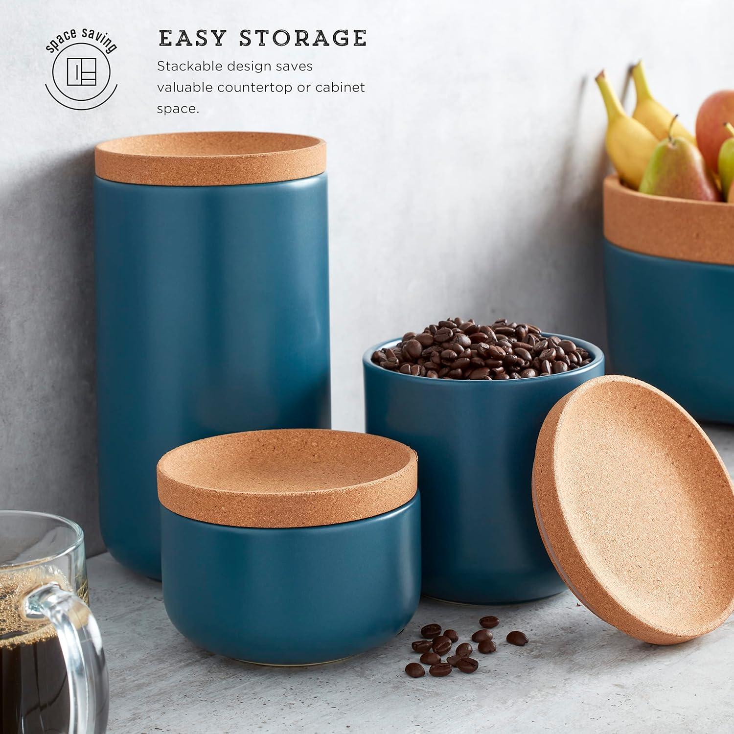 image:imageKamenstein Ceramic and Cork Set of 3 Stackable Canisters 12 qt 1 qt 2 qt WhiteTeal