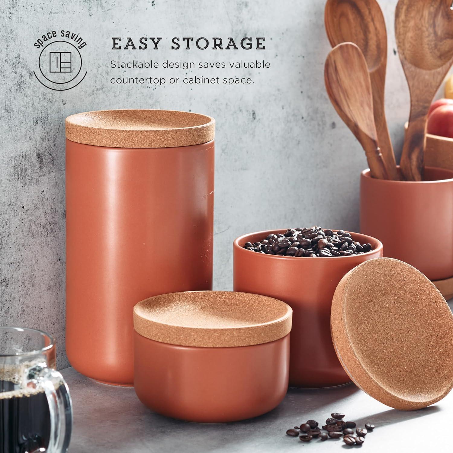 image:imageKamenstein Ceramic and Cork Set of 3 Stackable Canisters 12 qt 1 qt 2 qt WhiteTerra Cotta