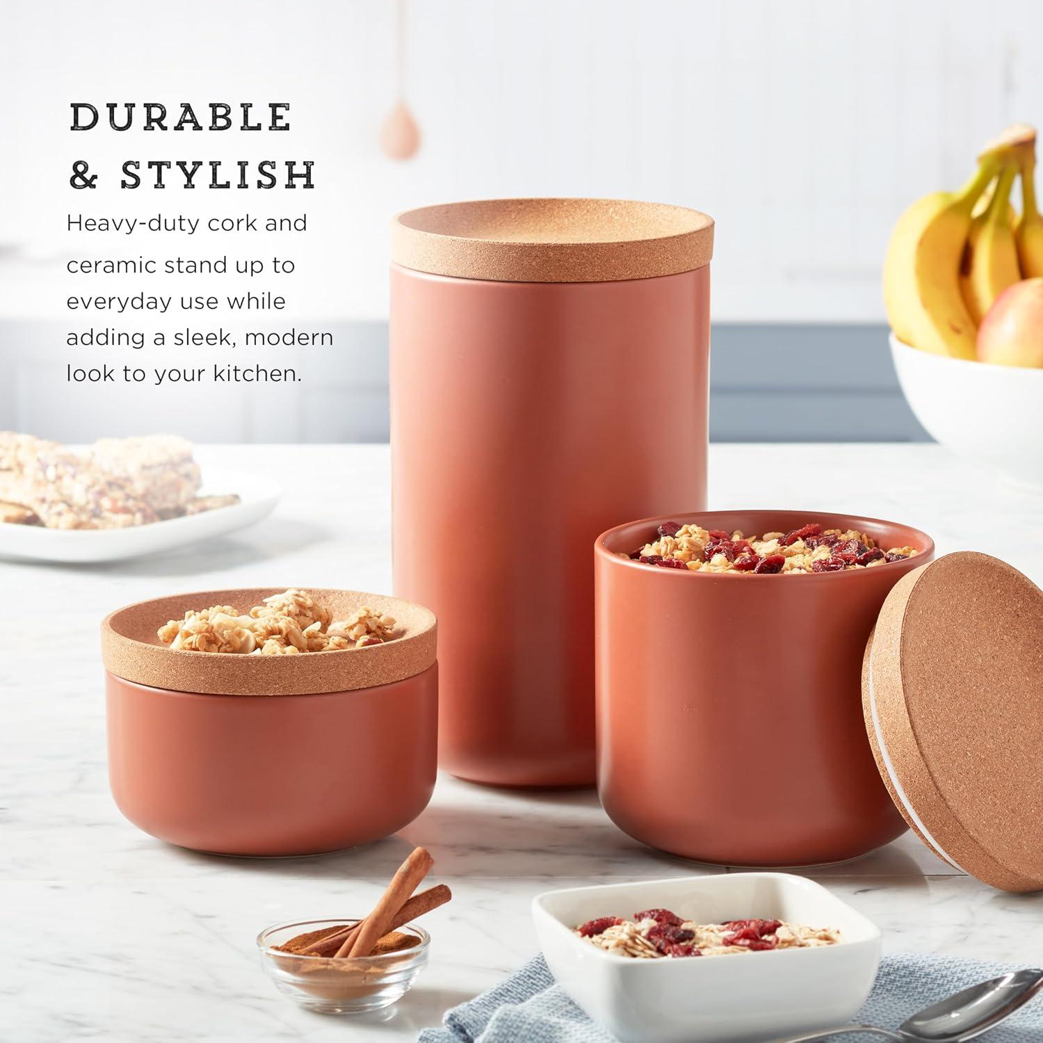 image:imageKamenstein Ceramic and Cork Set of 3 Stackable Canisters 12 qt 1 qt 2 qt WhiteTerra Cotta