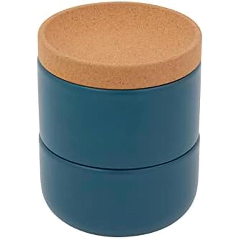 image:imageCeramic and Cork 3 Piece Stackable Salt and Pepper Cellar For Countertop Space Saving Easy Lift Lid to Retain Freshness Natural Cork and Teal CeramicTeal