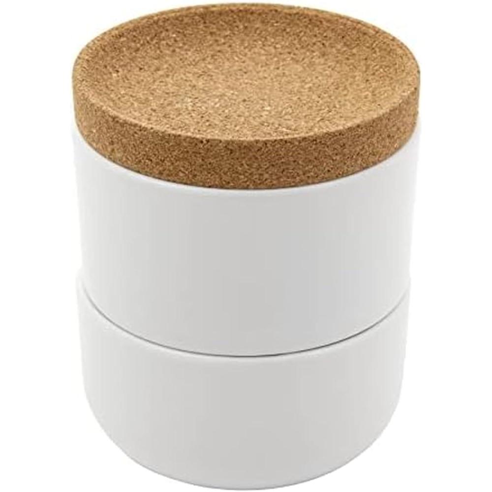 image:imageCeramic and Cork 3 Piece Stackable Salt and Pepper Cellar For Countertop Space Saving Easy Lift Lid to Retain Freshness Natural Cork and Teal CeramicWhite