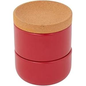 Ceramic and Cork 3 Piece Stackable Salt and Pepper Cellar For Countertop Space Saving, Easy Lift Lid to Retain Freshness, Natural Cork and Teal Ceramic(Red)
