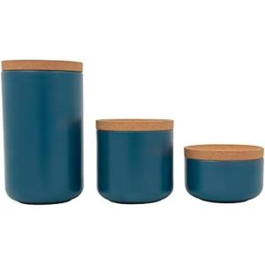 Kamenstein Ceramic and Cork Set of 3 Stackable Canisters, 1/2 qt, 1 qt, 2 qt, White(Teal)