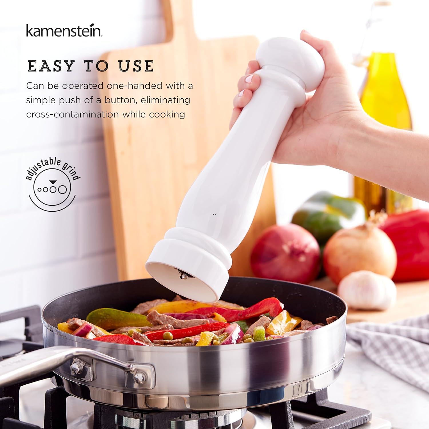 image:imageKamenstein Traditional Glossy Battery Operated Grinder for Salt or Peppercorns Easy to Use with One Handed Push of a Button Runs on Batteries batteries not Included 10in BlackWhite