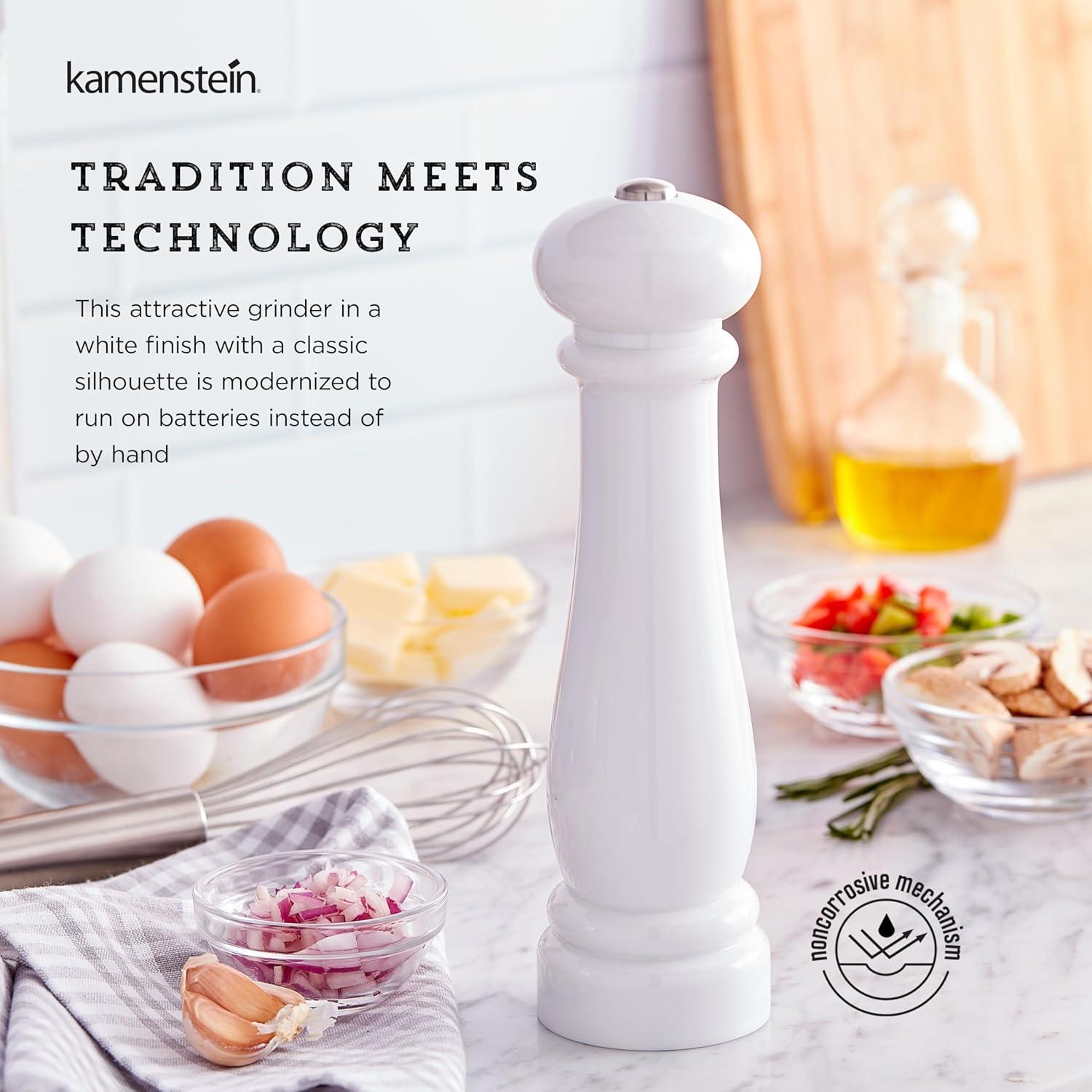 image:imageKamenstein Traditional Glossy Battery Operated Grinder for Salt or Peppercorns Easy to Use with One Handed Push of a Button Runs on Batteries batteries not Included 10in BlackWhite