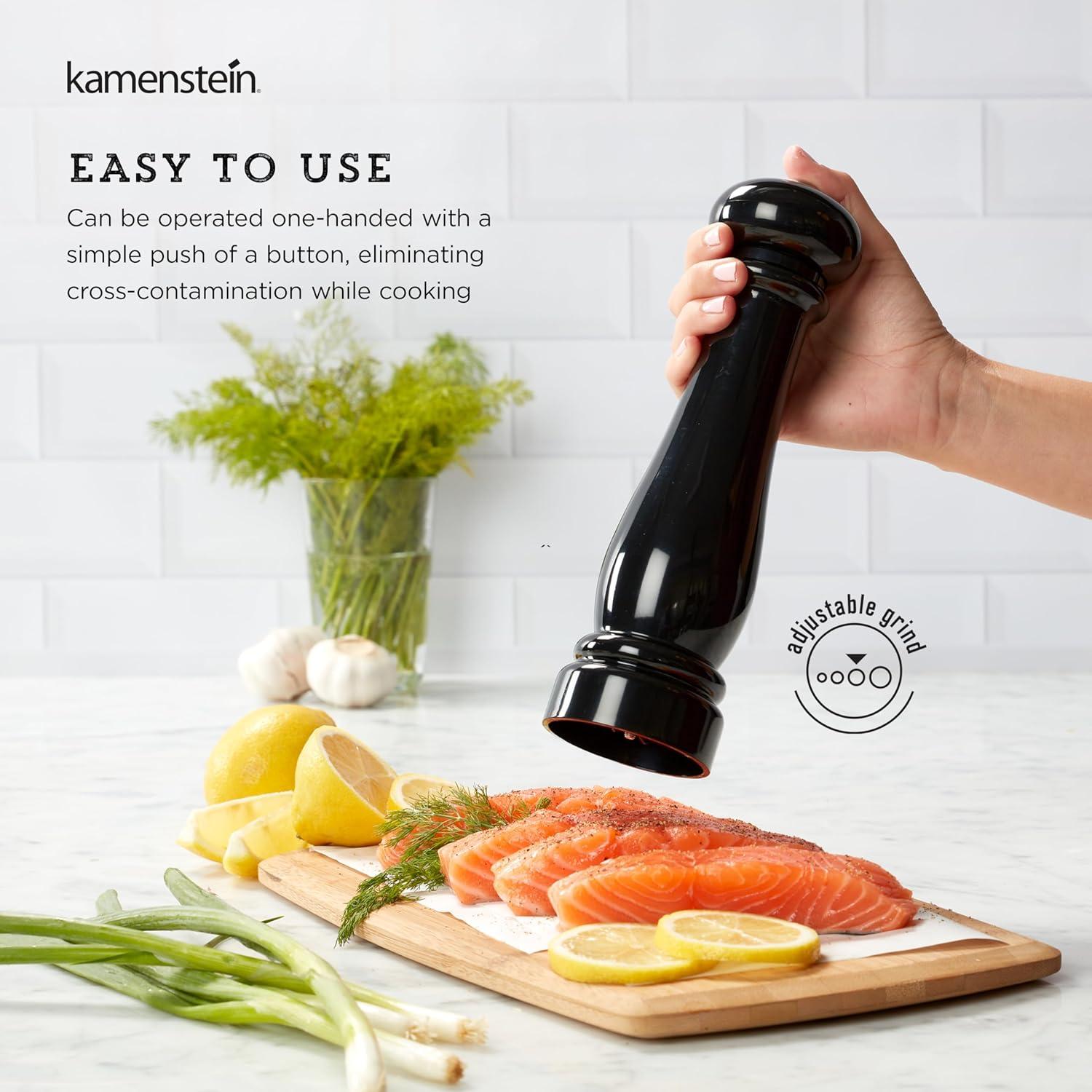 image:imageKamenstein Traditional Glossy Battery Operated Grinder for Salt or Peppercorns Easy to Use with One Handed Push of a Button Runs on Batteries batteries not Included 10in BlackBlack