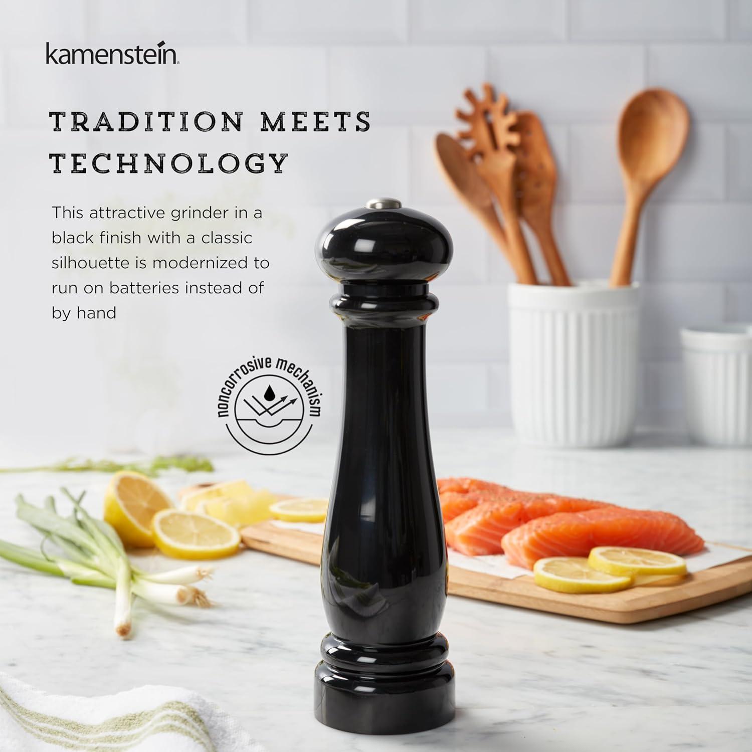 image:imageKamenstein Traditional Glossy Battery Operated Grinder for Salt or Peppercorns Easy to Use with One Handed Push of a Button Runs on Batteries batteries not Included 10in BlackBlack