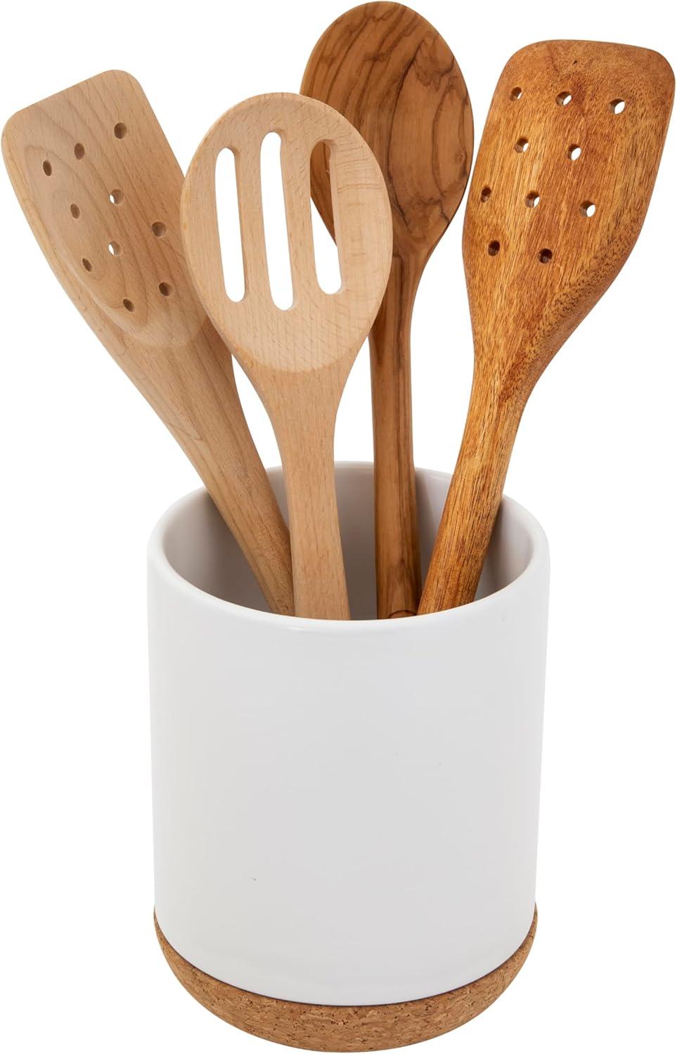 image:imageKamenstein White Ceramic Kitchen Utensil Crock with Cork Base Stylish Countertop Storage for Spatulas Spoons Whisks Modern Design 5 Inch Diameter 65 Inch Height