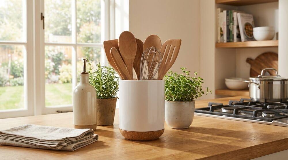 image:imageKamenstein White Ceramic Kitchen Utensil Crock with Cork Base Stylish Countertop Storage for Spatulas Spoons Whisks Modern Design 5 Inch Diameter 65 Inch Height