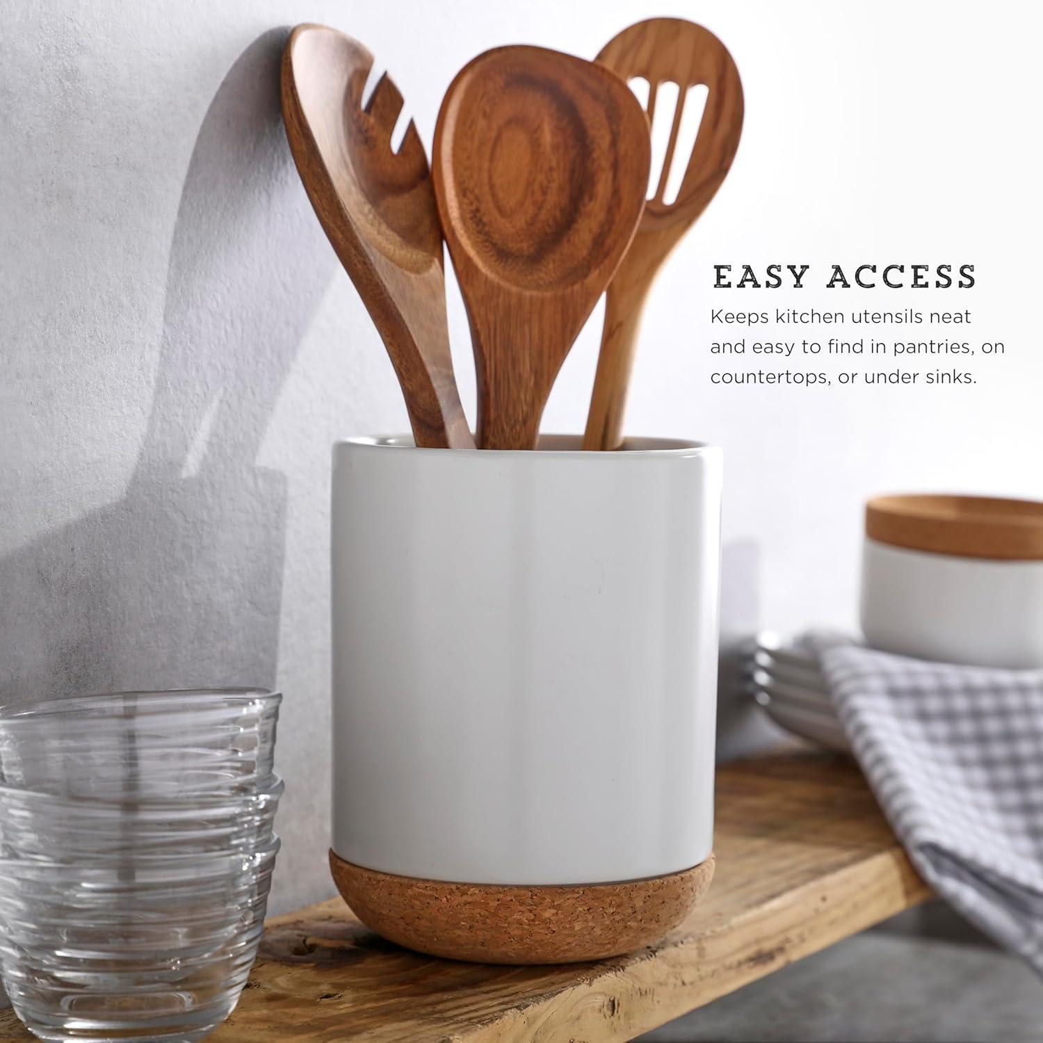 image:imageKamenstein White Ceramic Kitchen Utensil Crock with Cork Base Stylish Countertop Storage for Spatulas Spoons Whisks Modern Design 5 Inch Diameter 65 Inch Height
