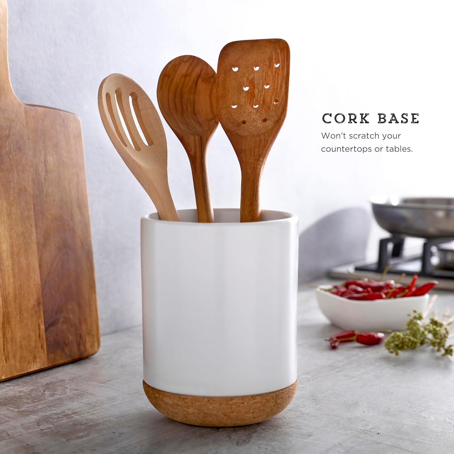 image:imageKamenstein White Ceramic Kitchen Utensil Crock with Cork Base Stylish Countertop Storage for Spatulas Spoons Whisks Modern Design 5 Inch Diameter 65 Inch Height