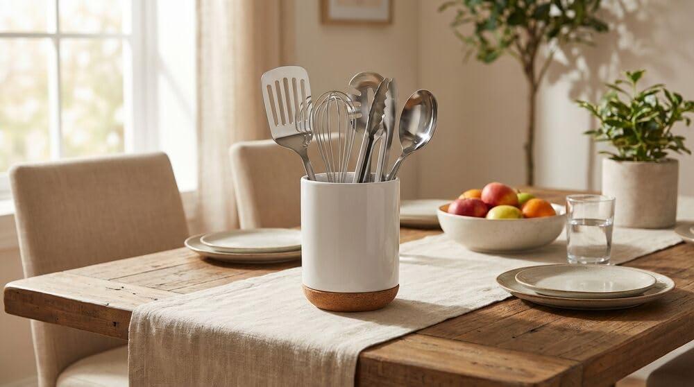 image:imageKamenstein White Ceramic Kitchen Utensil Crock with Cork Base Stylish Countertop Storage for Spatulas Spoons Whisks Modern Design 5 Inch Diameter 65 Inch Height