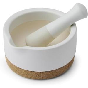 Kamenstein Ceramic and Cork Mortar and Pestle Set – 5.4 Inch Diameter, Stain Resistant, Non-Slip Cork Base, Modern Kitchen Design for Spices, Herbs, Garlic, Guacamole