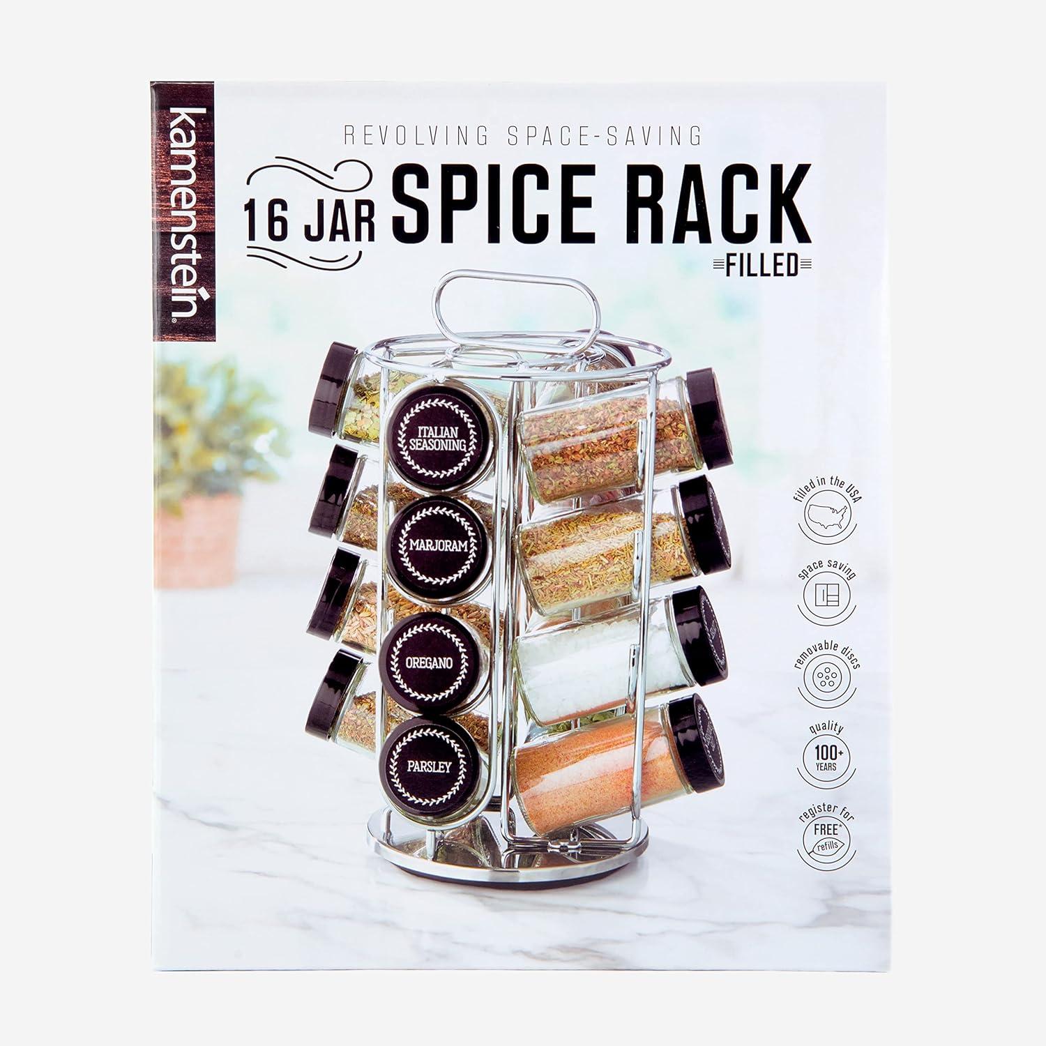 image:imageKamenstein 16 Jar Montauk Revolving Countertop Spice Rack Organizer with Spices Included FREE Spice Refills for 5 Years Chrome with Black CapsBlack