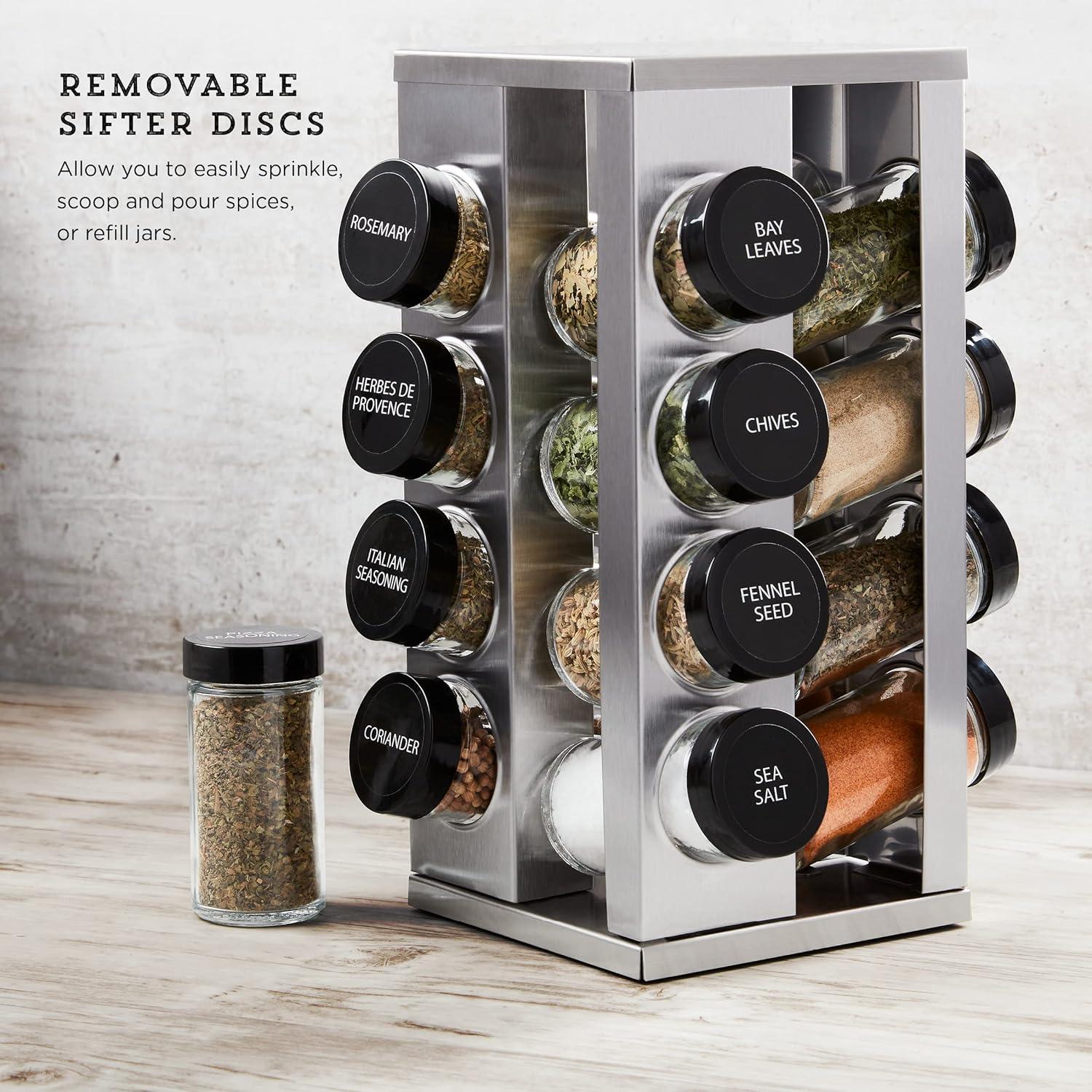 image:imageKamenstein 16 Jar Warner Revolving Countertop Spice Rack Organizer with Lift amp Pour Caps and Spices Included FREE Spice Refills for 5 years Stainless Steel amp Bamboo with Black Caps16Jar Short Revolving