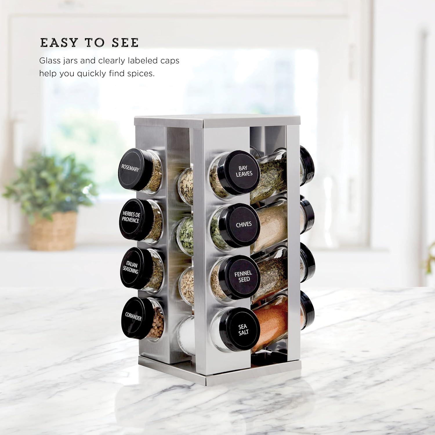 image:imageKamenstein 16 Jar Warner Revolving Countertop Spice Rack Organizer with Lift amp Pour Caps and Spices Included FREE Spice Refills for 5 years Stainless Steel amp Bamboo with Black Caps16Jar Short Revolving