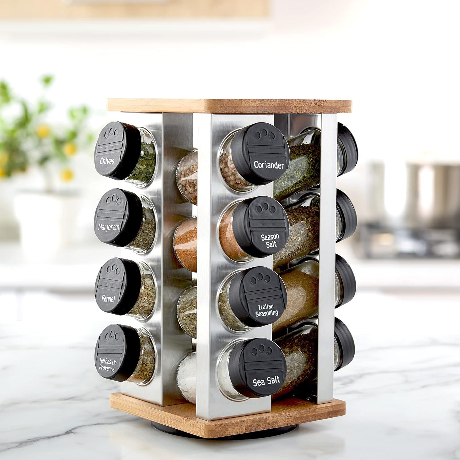 image:imageKamenstein 16 Jar Warner Revolving Countertop Spice Rack Organizer with Lift amp Pour Caps and Spices Included FREE Spice Refills for 5 years Stainless Steel amp Bamboo with Black Caps16Jar Bamboo Revolving