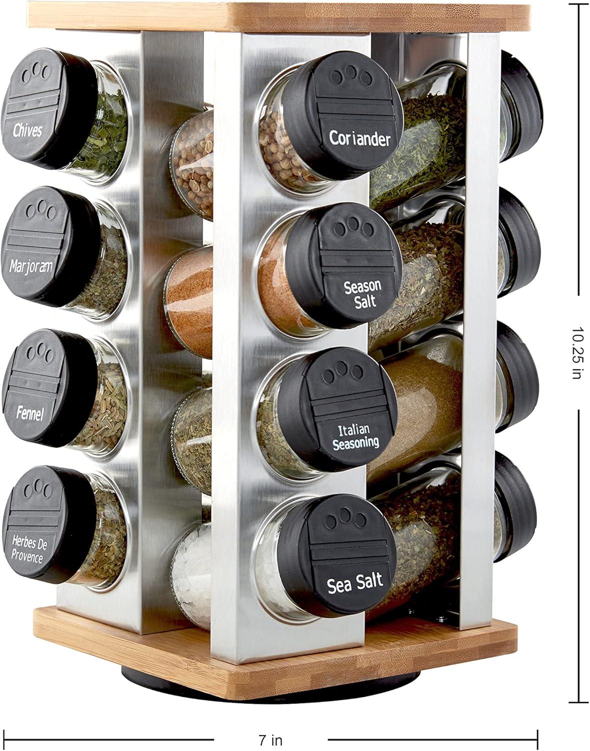 image:imageKamenstein 16 Jar Warner Revolving Countertop Spice Rack Organizer with Lift amp Pour Caps and Spices Included FREE Spice Refills for 5 years Stainless Steel amp Bamboo with Black Caps16Jar Bamboo Revolving