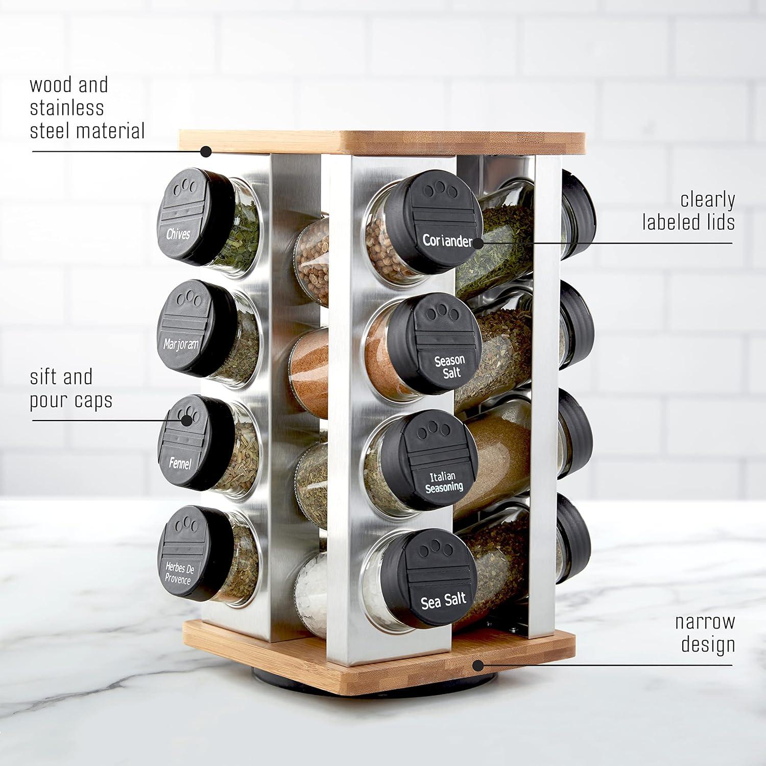 image:imageKamenstein 16 Jar Warner Revolving Countertop Spice Rack Organizer with Lift amp Pour Caps and Spices Included FREE Spice Refills for 5 years Stainless Steel amp Bamboo with Black Caps16Jar Bamboo Revolving