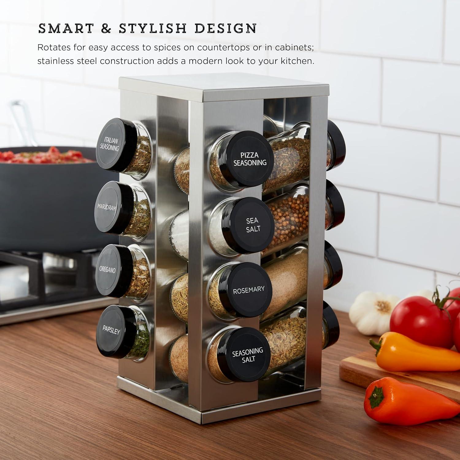 image:imageKamenstein 16 Jar Warner Revolving Countertop Spice Rack Organizer with Lift amp Pour Caps and Spices Included FREE Spice Refills for 5 years Stainless Steel amp Bamboo with Black Caps16Jar Short Revolving
