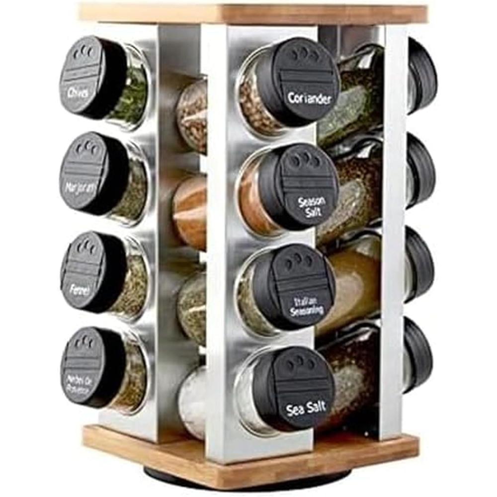 image:imageKamenstein 16 Jar Warner Revolving Countertop Spice Rack Organizer with Lift amp Pour Caps and Spices Included FREE Spice Refills for 5 years Stainless Steel amp Bamboo with Black Caps16Jar Bamboo Revolving