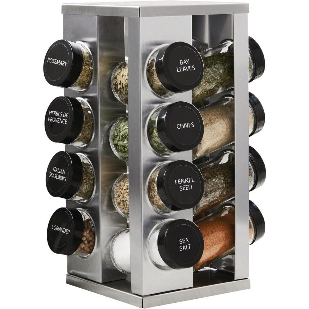 image:imageKamenstein 16 Jar Warner Revolving Countertop Spice Rack Organizer with Lift amp Pour Caps and Spices Included FREE Spice Refills for 5 years Stainless Steel amp Bamboo with Black Caps16Jar Short Revolving