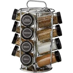 Kamenstein 16 Jar Montauk Revolving Countertop Spice Rack Organizer with Spices Included, FREE Spice Refills for 5 Years, Chrome with Black Caps(Black)