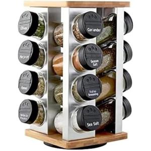 Kamenstein 16 Jar Warner Revolving Countertop Spice Rack Organizer with Lift & Pour Caps and Spices Included, FREE Spice Refills for 5 years, Stainless Steel & Bamboo with Black Caps(16-Jar Bamboo Revolving)