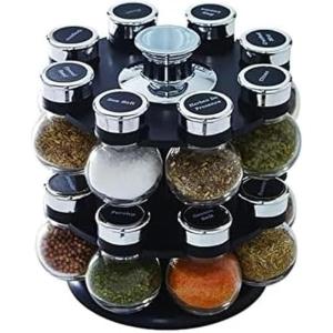 Kamenstein 16 Jar Warner Revolving Countertop Spice Rack Organizer with Lift & Pour Caps and Spices Included, FREE Spice Refills for 5 years, Stainless Steel & Bamboo with Black Caps(16-Jar Ellington)