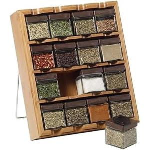 Kamenstein 16 Jar Warner Revolving Countertop Spice Rack Organizer with Lift & Pour Caps and Spices Included, FREE Spice Refills for 5 years, Stainless Steel & Bamboo with Black Caps(16-Cube Bamboo Inspirations)