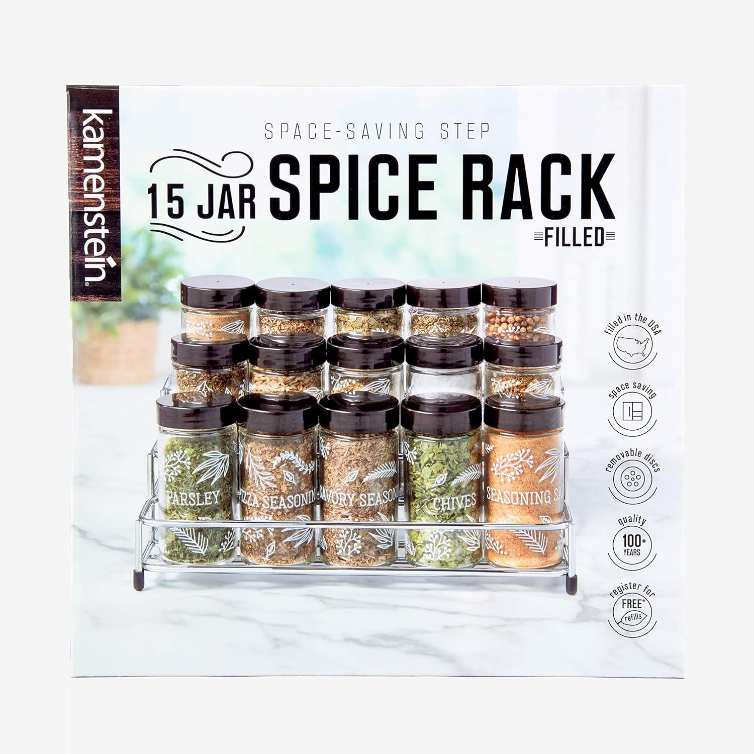 image:imageKamenstein 15 Jar Lincoln Countertop Spice Rack with Spices Included FREE Spice Refills for 5 Years Chrome with Black Caps 95 x 58 x 9