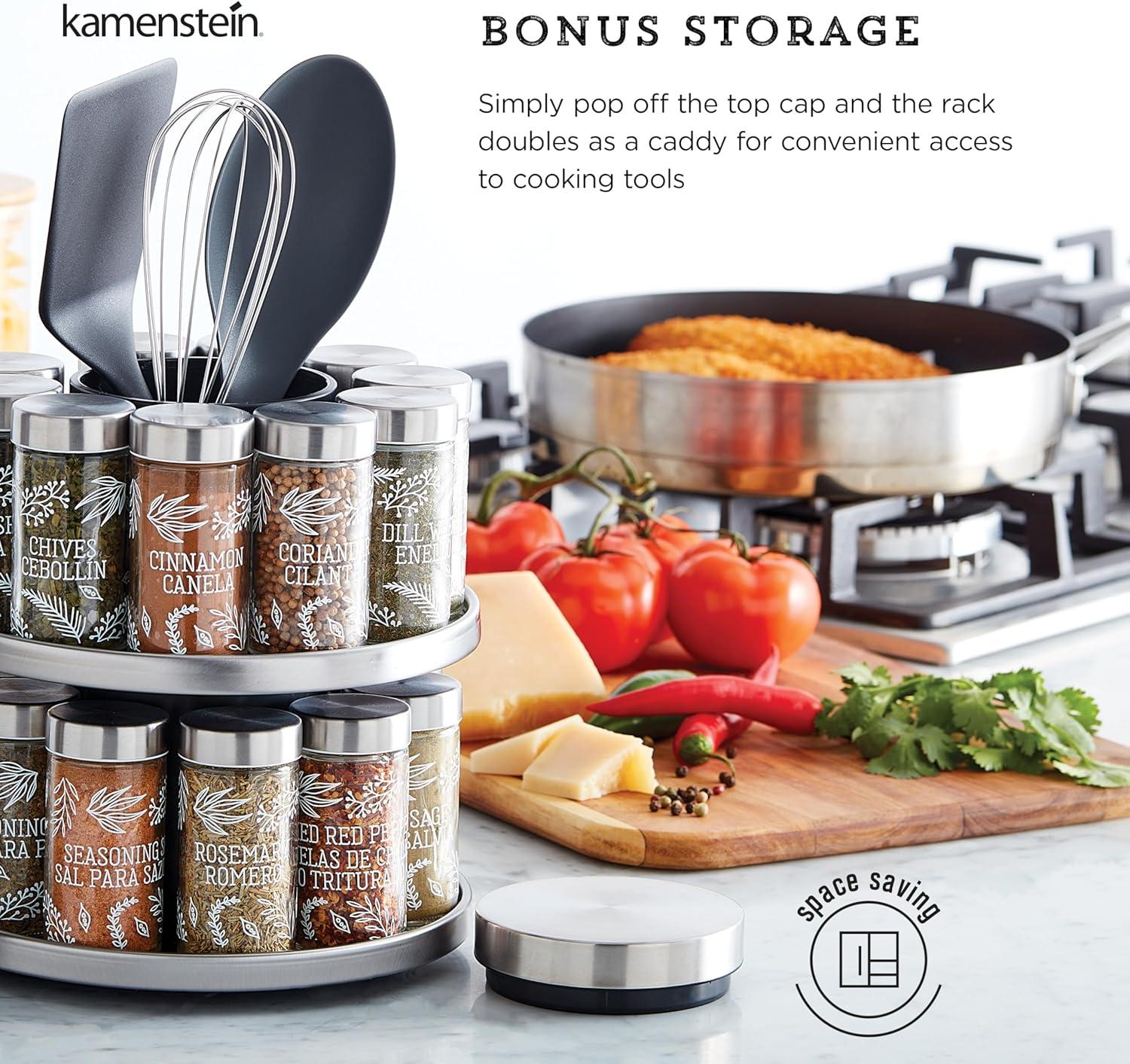 image:imageKamenstein 20 Jar Heritage Revolving Countertop Spice Rack Organizer with Spices Included FREE Spice Refills for 5 years Brushed Stainless Steel with Black CapsTool Caddy