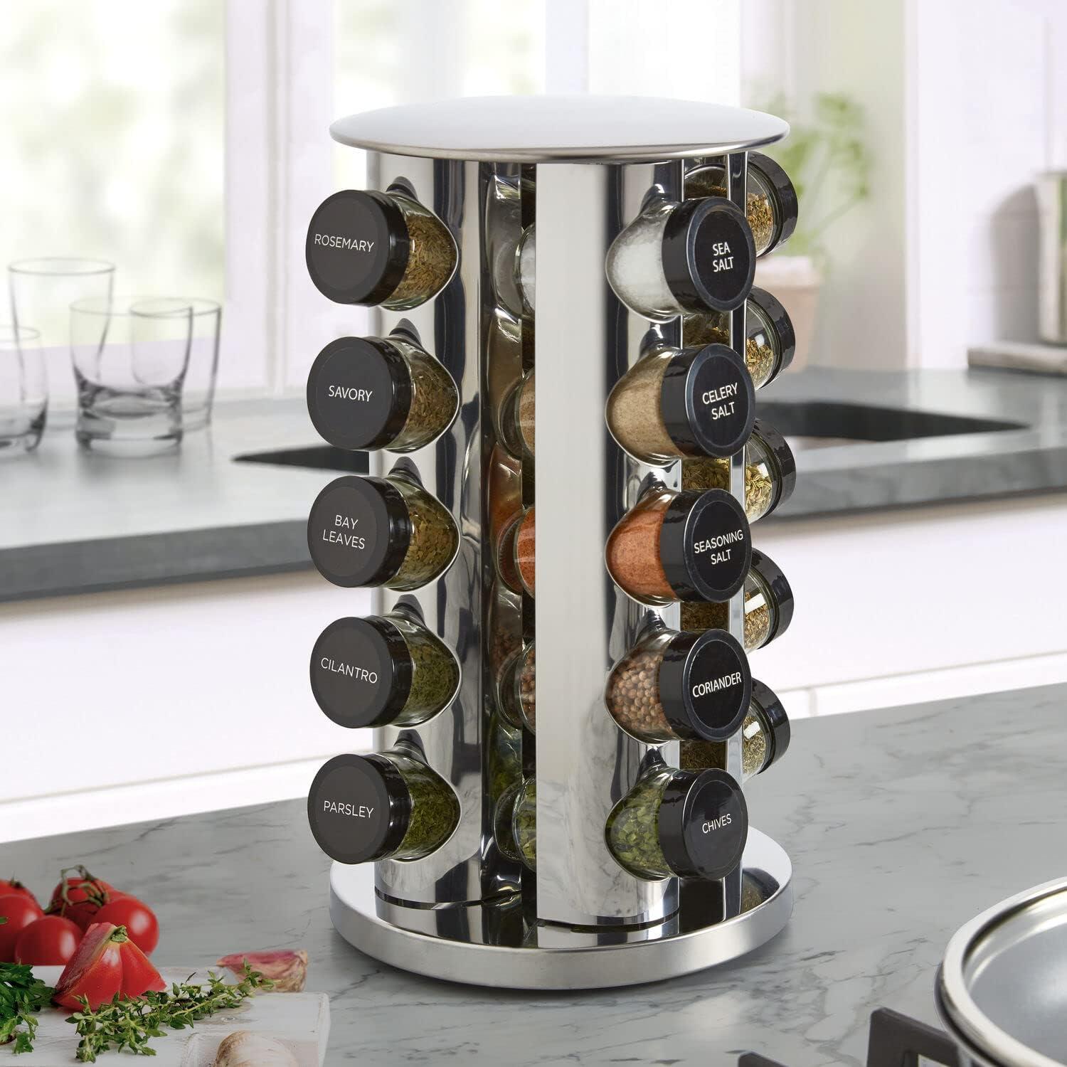 image:imageKamenstein 20 Jar Heritage Revolving Countertop Spice Rack Organizer with Spices Included FREE Spice Refills for 5 years Brushed Stainless Steel with Black CapsClassic Cap